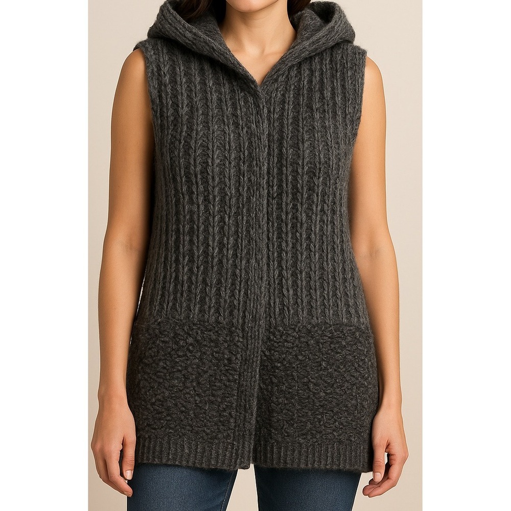Cocogio Italy Hooded Chunky Knit Sweater Vest‎ Gray Textured Wool Blend Size S